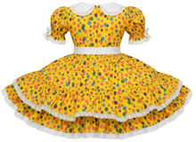 A yellow short-sleeve dress with a colorful polka dot pattern, white collar, and a white waistband, shown against a plain white background.