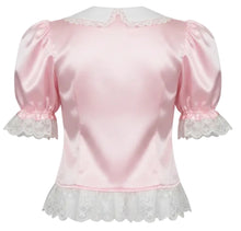 A pink satin blouse with a white lace Peter Pan collar, puff sleeves with lace cuffs, and a lace ruffle hem, shown against a plain white background.