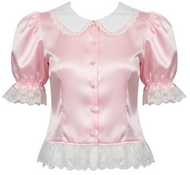 A pink satin blouse with a white satin Peter Pan collar, ruffled cuffs, and a ruffled hem, featuring decorative buttons down the front.
