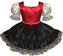 Sissy dress with red bodice, black skirt, and white sleeves on a white background