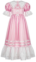A pink and white sissy nightgown with ruffles, lace, and bows
