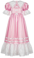 A pink and white sissy nightgown with ruffles, lace, and bows