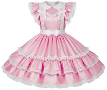 A pink satin sissy dress with white lace trim, ruffled cap sleeves, a Peter Pan collar, and a tiered skirt, shown on a plain white background.