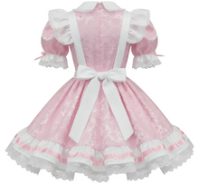 Vashti Custom Fit Pink Satin Brocade Roses Adult Sissy Pinafore Dress