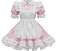 Pink and white dress with ruffles and a bow on a white background