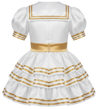 White and gold sailor-style costume dress shown from the back, featuring puffed short sleeves, a wide gold waistband, and horizontal gold stripe accents on the layered skirt.