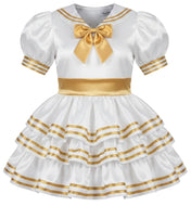 A white satin dress with gold trim, featuring a tiered ruffled skirt, puffed short sleeves, a gold bow at the collar, and gold stripes on the sleeves and skirt.