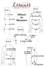 Diagram showing where to measure different parts of the body for dress making, with 'Leanne's Pretty Dresses' branding.