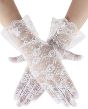 A pair of white floral lace opera gloves with ruffled cuffs, shown on a model's hands against a plain white background.