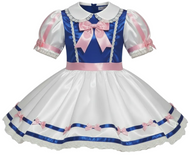 An adult sissy short-sleeve white and blue dress with pink accents, featuring a white collar, a large pink bow at the neckline, a pink waistband, and pink ribbon details along the skirt.