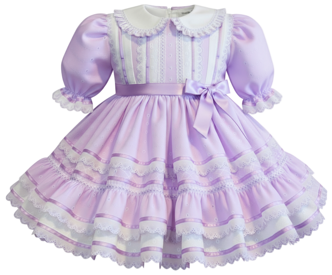 Lavender dress with white lace details on a white background