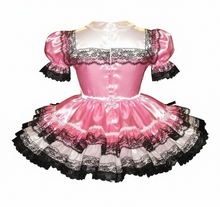 Ashlee Custom Fit Pink Satin Black Lace & Bows Adult Sissy Dress by Leanne's