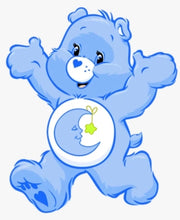 Blue care bear character with a moon and star emblem on a white background