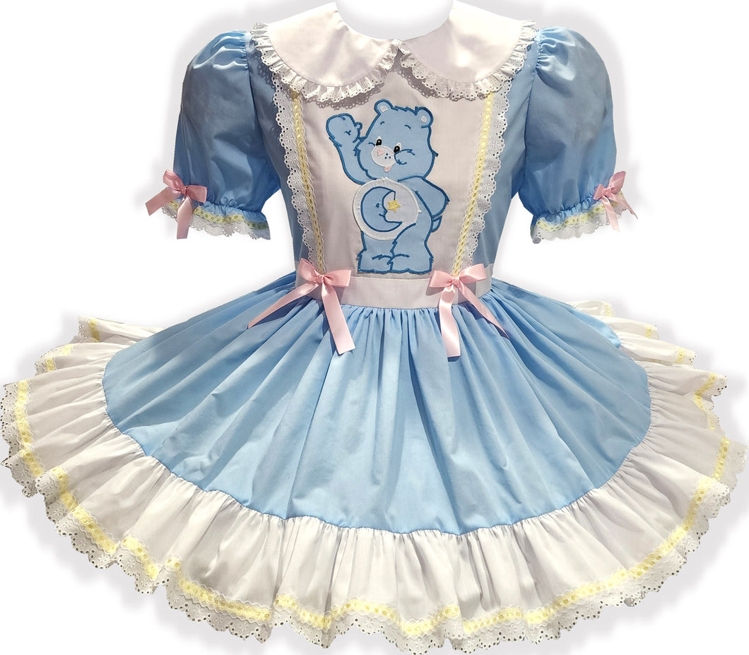 Adult Sissy toddler-style dress with Care Bear applique in blue and white