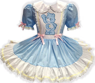 Adult Sissy toddler-style dress with Care Bear applique in blue and white