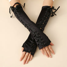 Long Black Satin Arm Sleeve Lace-up Fingerless Sissy Gloves
