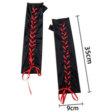 Long Black Satin Arm Sleeve Lace-up Fingerless Sissy Gloves