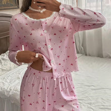 Lace-trimmed Pink Bows Loungewear Two-piece Pajamas Set