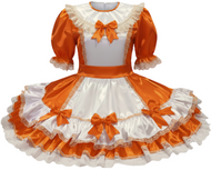 Orange and white dress with ruffles and bows on a white background