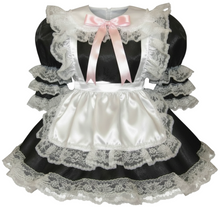 Black and white maid outfit with lace details and a pink bow on a white background