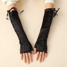 Long Black Satin Arm Sleeve Lace-up Fingerless Sissy Gloves