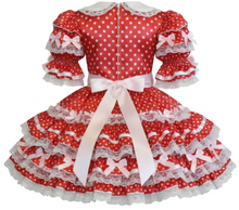 Elissa Custom Fit Red Satin Polka Dots Pink Bows Adult Sissy Dress by Leanne’s