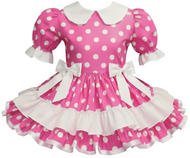 Pink polka dot sissy dress with white collar and ruffles on a white background