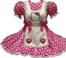 Fuchsia polka dot dress with Hello Kitty hearts and apron on a white background