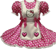 Fuchsia polka dot dress with Hello Kitty hearts and apron on a white background