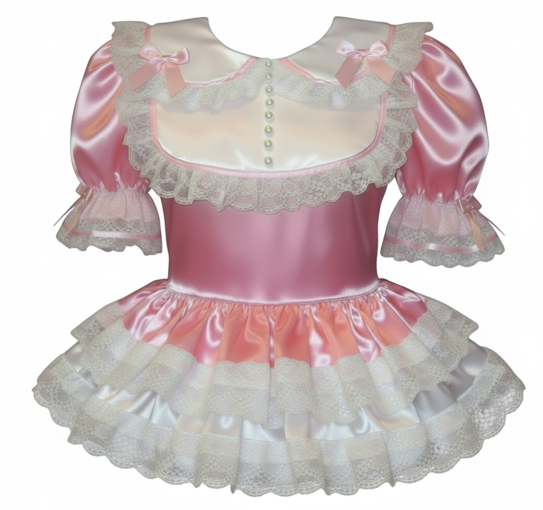 Pink and white dress with lace details on a white background