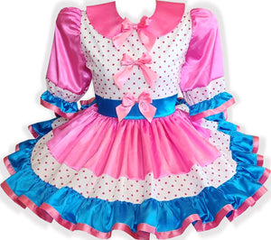 Sarina Custom Fit Pink Blue Satin Polka Dots Adult Sissy Dress by Lean Leanne's Pretty Dresses Sarina Custom Fit Pink Blue Satin Polka Dots Adult Sissy Dress by Lean Leanne's Pretty Dresses