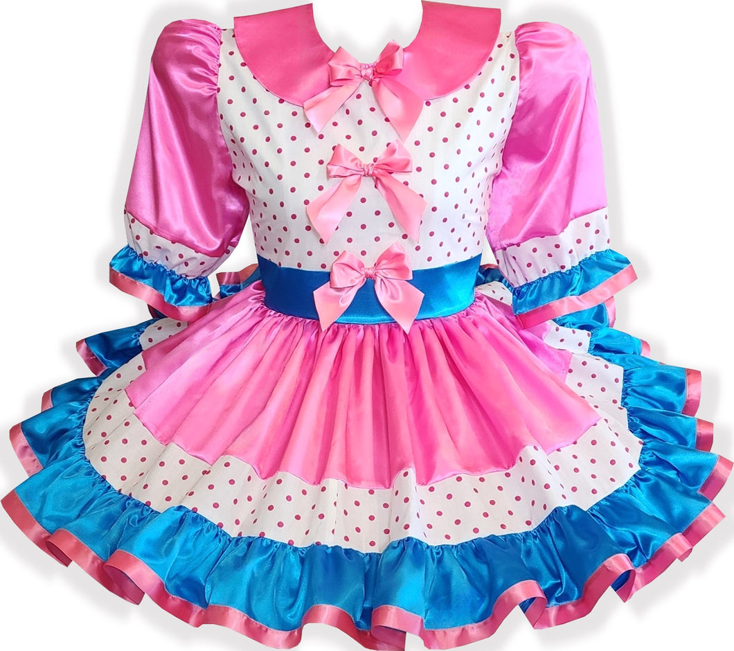 Sarina Custom Fit Pink Blue Satin Polka Dots Adult Sissy Dress by Lean Leanne's Pretty Dresses Sarina Custom Fit Pink Blue Satin Polka Dots Adult Sissy Dress by Lean Leanne's Pretty Dresses