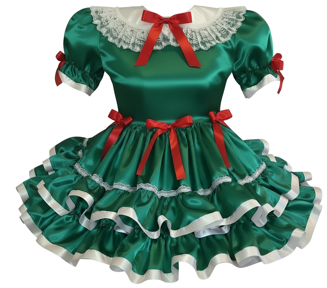 Kimberly Custom Fit Green Satin Adult Sissy Christmas Dress by Leanne's