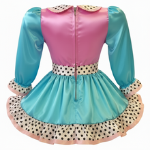 Cleopatra Custom Fit Turquoise Violet Polka Dots Satin Adult Sissy Dress by Leanne's