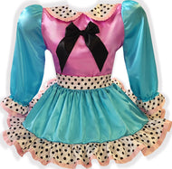 48" Ready to Wear Turquoise Violet Polka Dots Satin Adult Sissy Dress by Leanne's