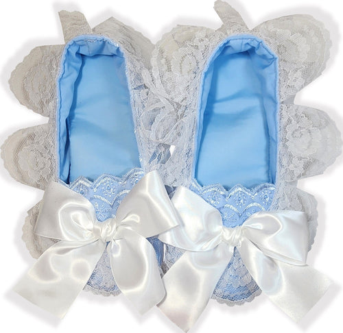 Handmade Baby Blue Eyelet Lace Adult Baby Sissy Booties Slippers by Leanne's