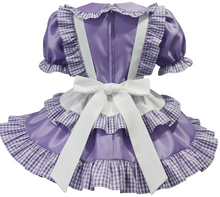 Purple and white checkered apron with ruffled details on a white background