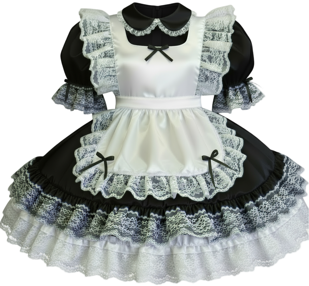 Karen Custom Fit Black Satin French Maid Adult Sissy Dress by Leanne's Leanne's Pretty Dresses Karen Custom Fit Black Satin French Maid Adult Sissy Dress by Leanne's Leanne's Pretty Dresses