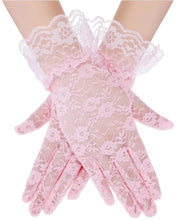 A pair of light pink lace opera gloves with ruffled cuffs, shown worn on hands against a plain white background.