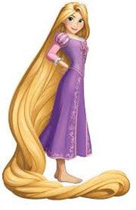 Rapunzel character with long blonde hair and a purple dress on a white background