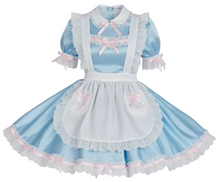 Light blue dress with white apron and pink accents on a white background