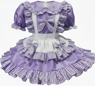 Purple and white checkered dress with ruffles on a white background