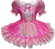 Pink checkered dress with lace details on a white background