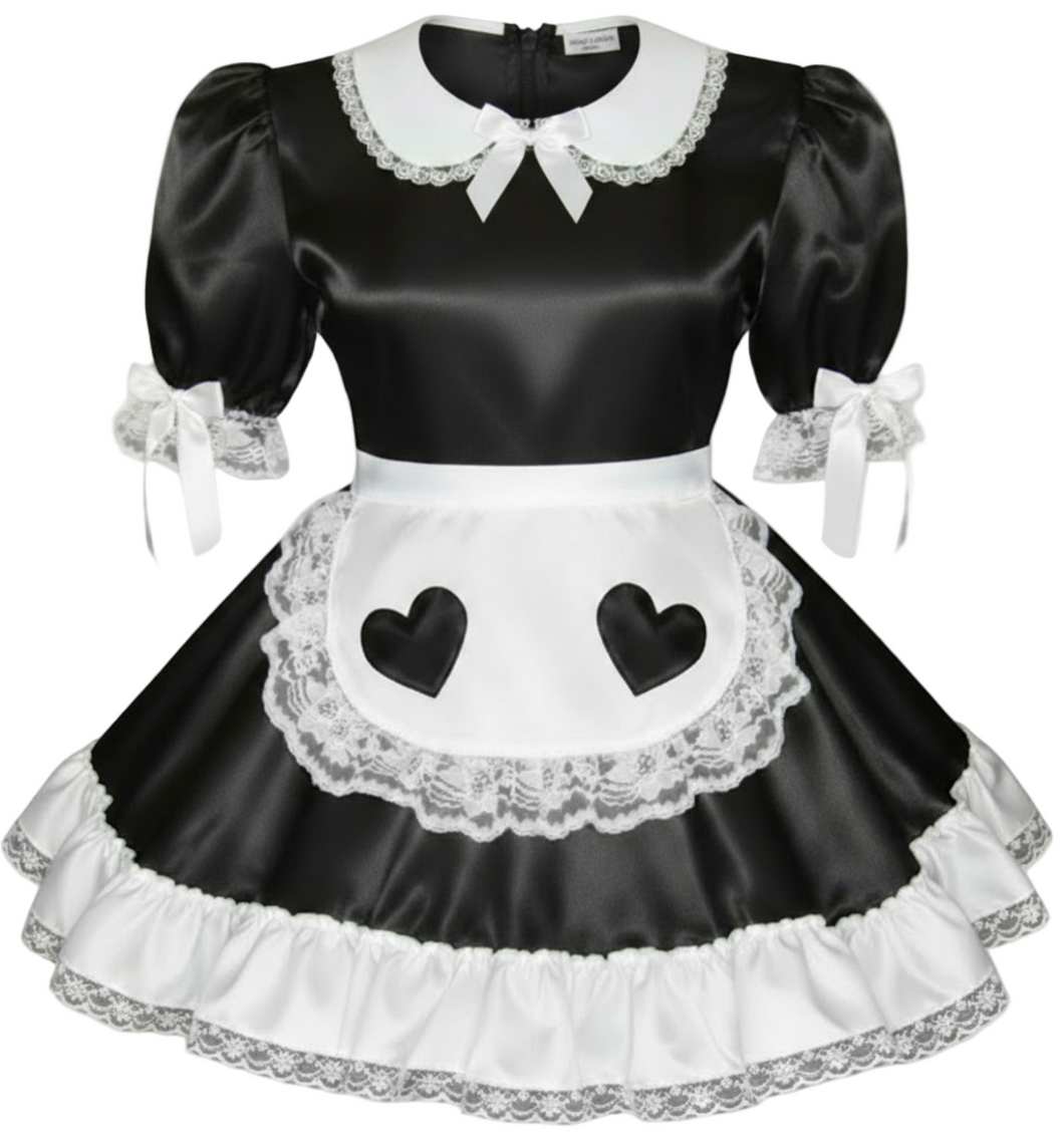 Black and white maid costume with heart designs on a white background