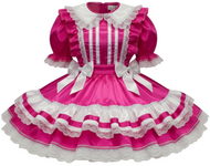 Fuchsia satin dress with white ruffles and bows on a white background