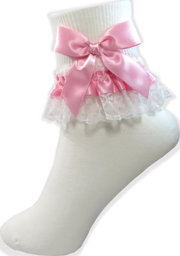 Pink Ribbon Bows White Lacy Socks for Adult Sissy Little Girl Leanne's