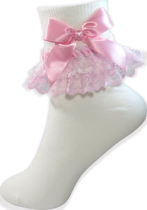 Pink Ribbon Bows White Lacy Socks for Adult Sissy Little Girl Leanne's