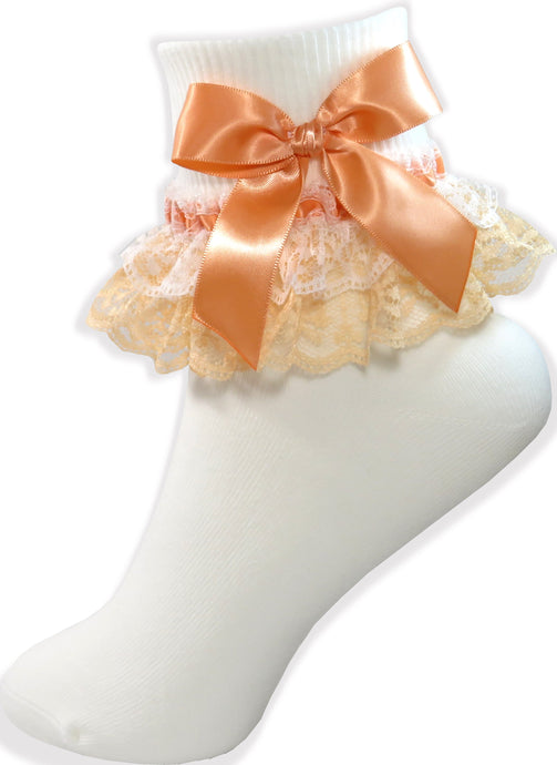 White & Peach Lacy Ribbon Bow Socks for Adult Sissy Dress up