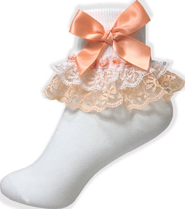White & Peach Lacy Ribbon Bow Socks for Adult Sissy Dress up