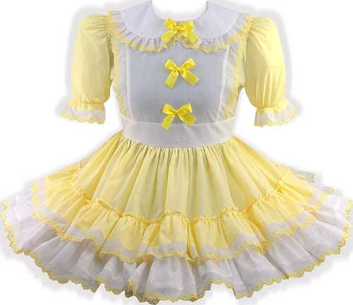 Andrea Custom Fit Yellow Cotton Lace Bows & Sash Adult Sissy Dress Leanne's